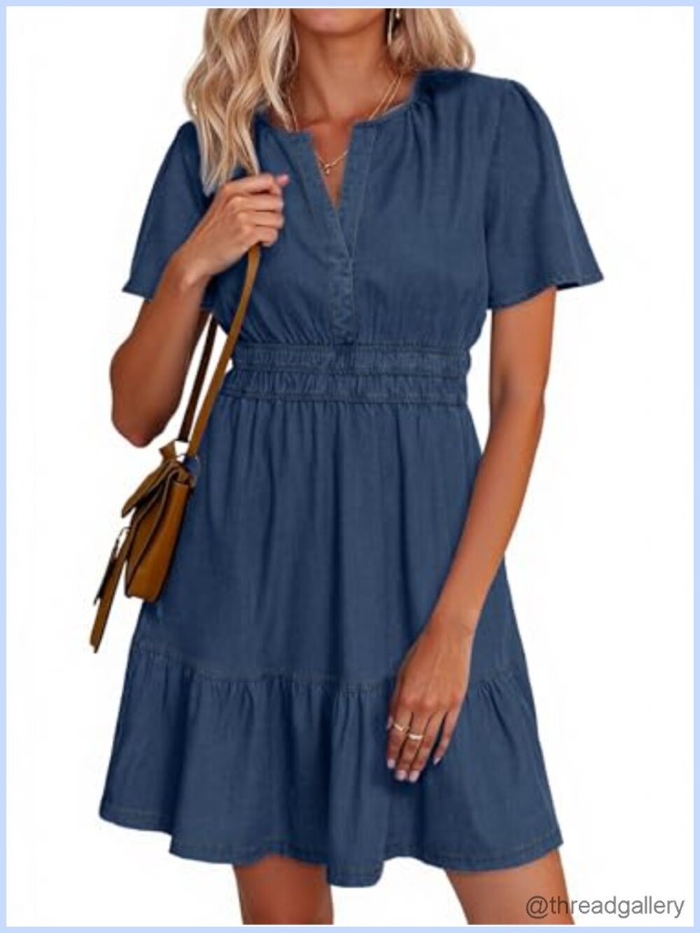 Womens Summer Denim Dress Short Puff Sleeve Smocked Waist Tiered Mini Jean